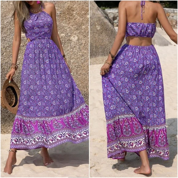 Boho Floral Print Halter Cottagecore maxi Dress - Picture 4 of 4
